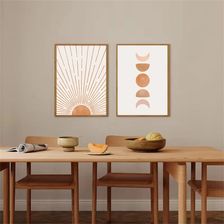 Lienzo bohemio de mediados de siglo con sol y luna: impresiones nórdicas abstractas para decoración moderna de sala de estar o dormitorio (juego de 3)