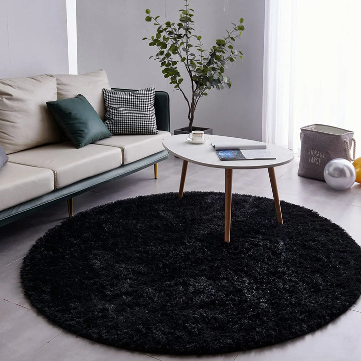 Round Plush Carpet – Gray Fluffy Area Rug for Living Room