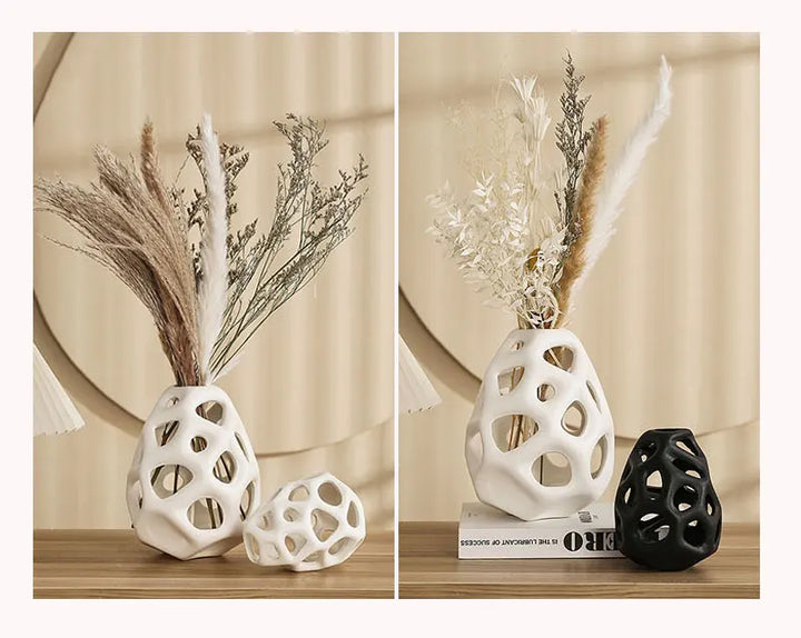 Hollow Ceramic Vase – Nordic White & Black Home Decor