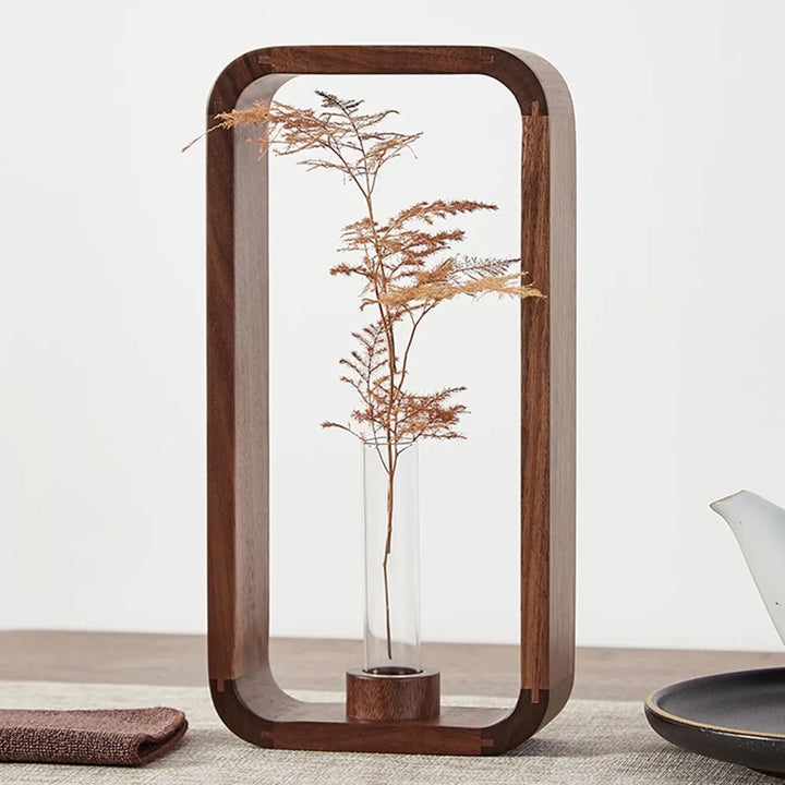 Rectangular Solid Wood Hydroponic Vase – Retro Glass Planter for Living Room, Tea Room & Dining Table Flower Arrangements