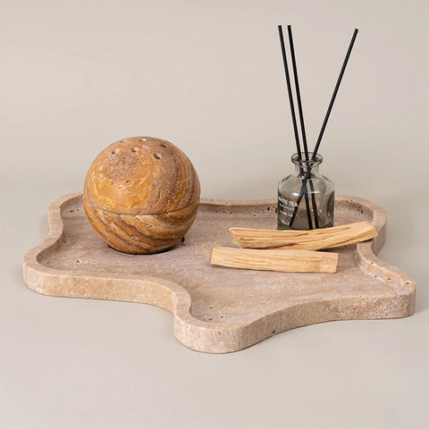 Travertine Marble Incense Burner – Beige Stone Decorative Tray
