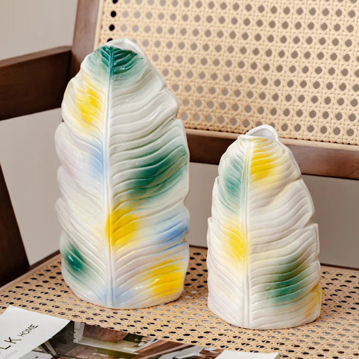 Modern Banana Leaf Ceramic Vase – Colorful Abstract Glazed Decor
