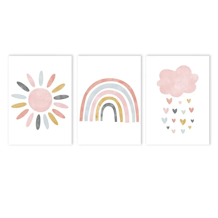 Pink Cartoon Cloud & Rainbow Canvas Prints – Nordic Nursery Wall Art for Baby and Kids Room Decor