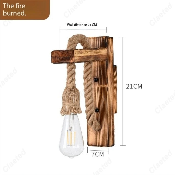 Retro LED Wall Lamp – Solid Wood & Hemp Rope Lighting