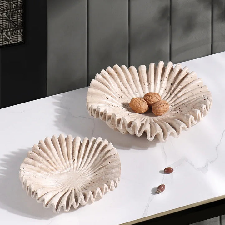 Handcrafted Travertine Ruffle Bowl – Fluted Marble Centerpiece for Kitchen, Living Room, Fruit, Jewelry & Home Decor