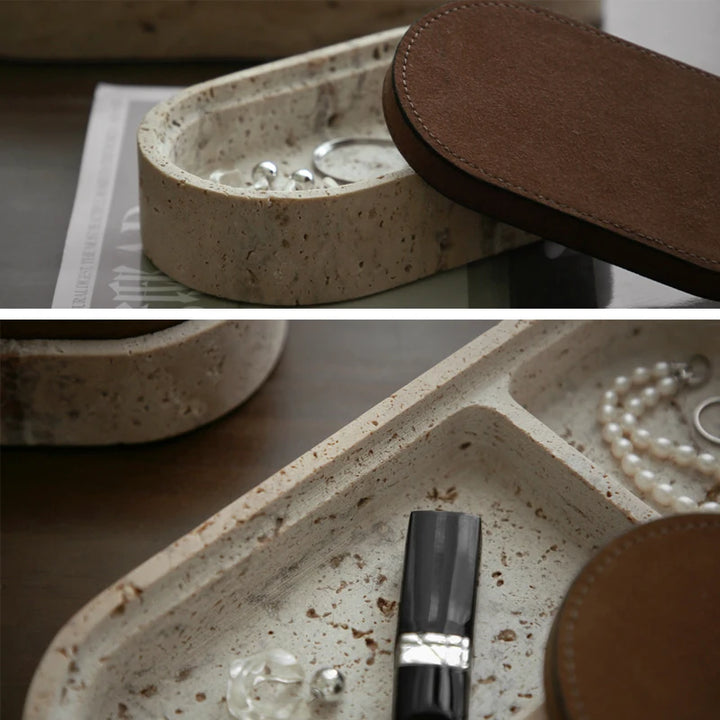 Vintage Travertine Jewelry Box – Luxury Oval Stone Container with Leather Cover for Earrings, Necklaces, and Accessories Storage
