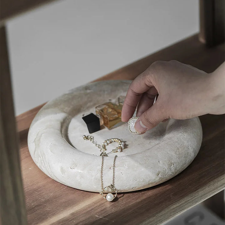 Beige Travertine Round Tray – Decorative Stone Vanity Plate