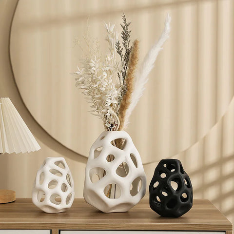 Hollow Ceramic Vase – Nordic White & Black Home Decor