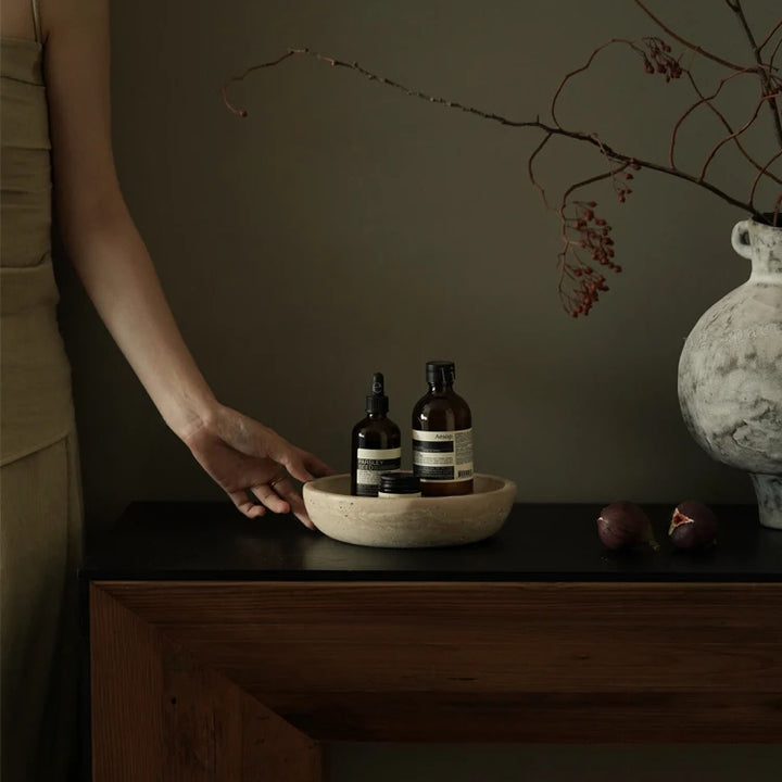 Beige Travertine Decorative Bowl – Handcrafted Stone Catchall Dish