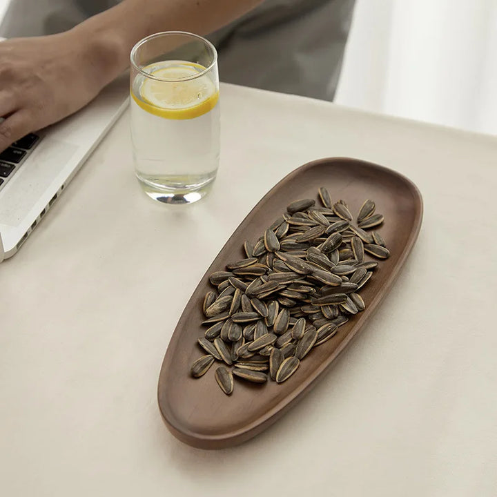 Japanese Irregular Black Walnut Wooden Tray – Handmade Dessert, Coffee & Decorative Serving Plate