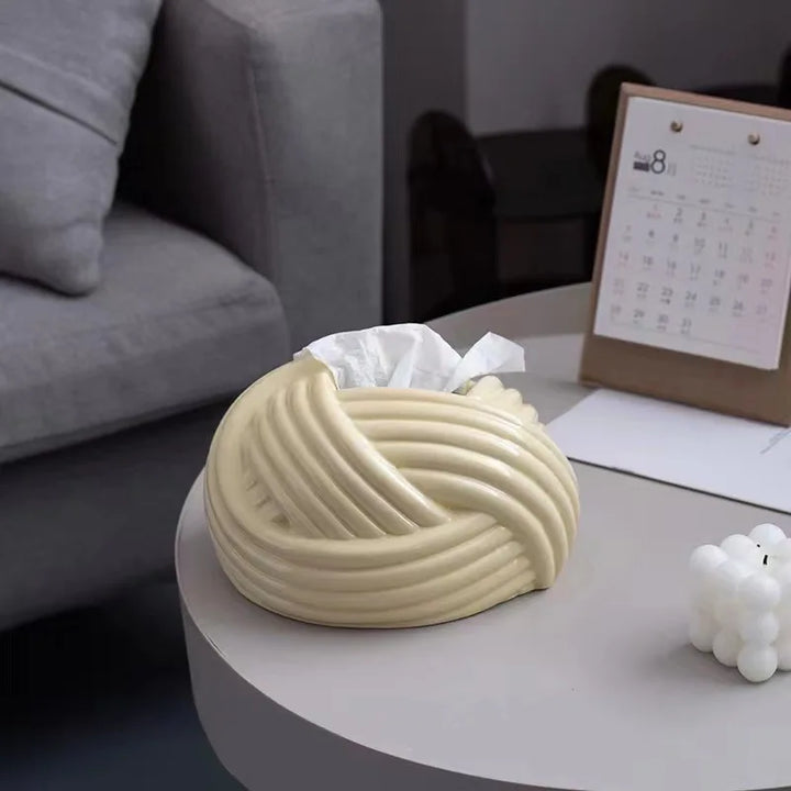 Ceramic Tissue Box with Wool Ball Accent – Modern Napkin Holder & Desk Storage Decoration