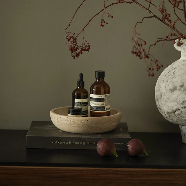 Beige Travertine Decorative Bowl – Handcrafted Stone Catchall Dish