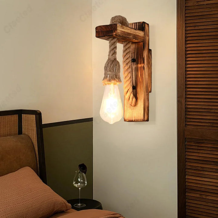 Retro LED Wall Lamp – Solid Wood & Hemp Rope Lighting