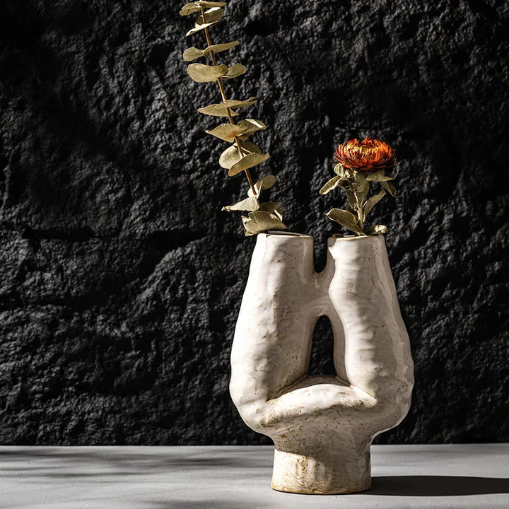 Double Mouth H Ceramic Vase – Nordic Wabi-Sabi Home Decor