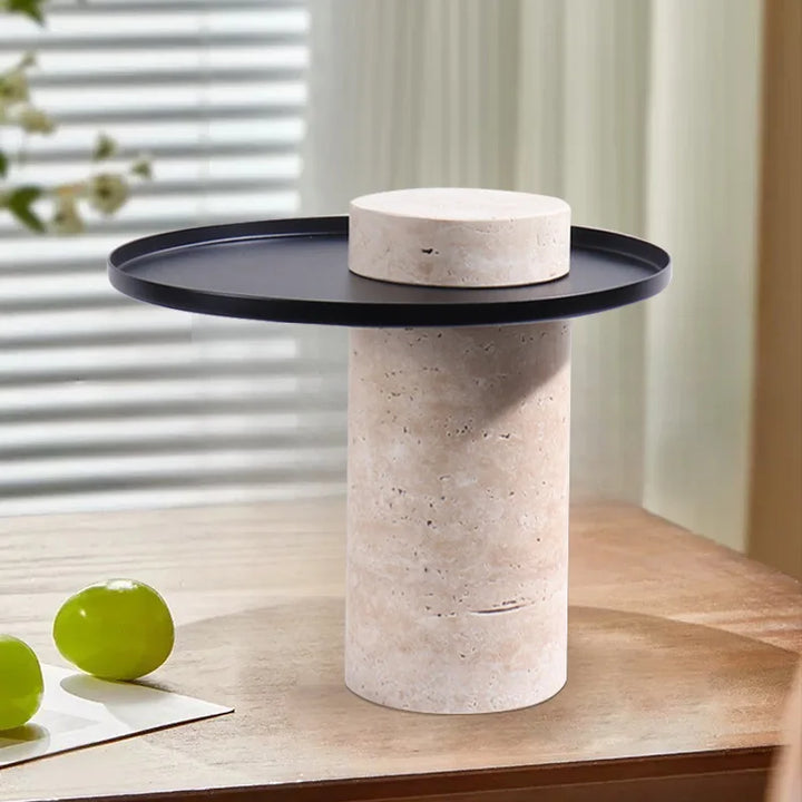 Beige Travertine Serving Tray with Metal Base