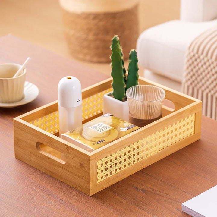Bamboo Grid Storage Box with Acrylic Lid – Rectangular Organizer Tray for Cosmetics, Bedroom & Living Room