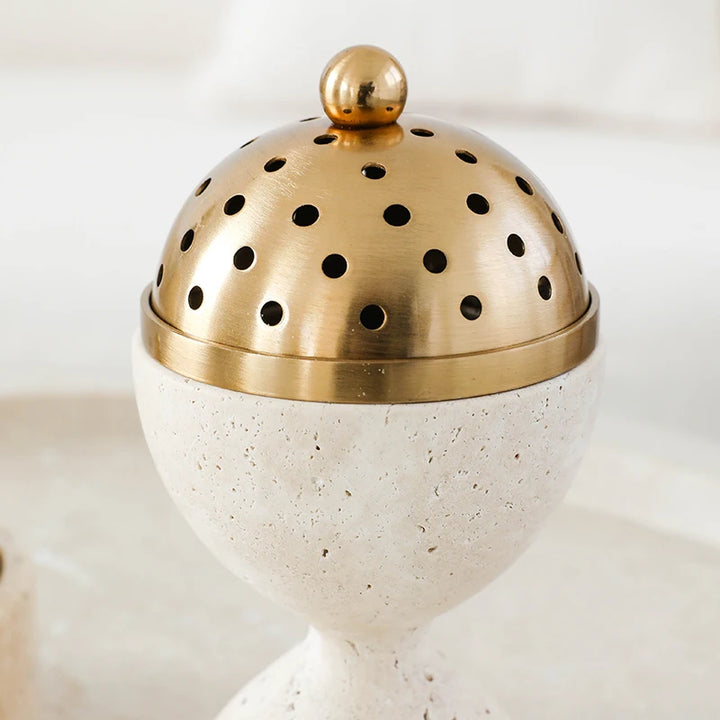 Travertine Oud & Bakhoor Burner with Brass Cover