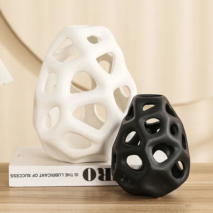 Hollow Out Ceramic Vase – White & Black Nordic Accent Decor for Home, Office & Living Room