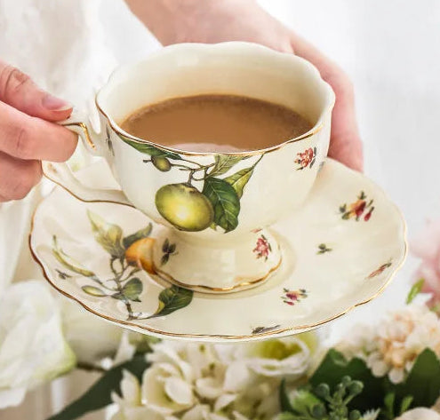 Vintage Lemon Porcelain Coffee Mug with Tray
