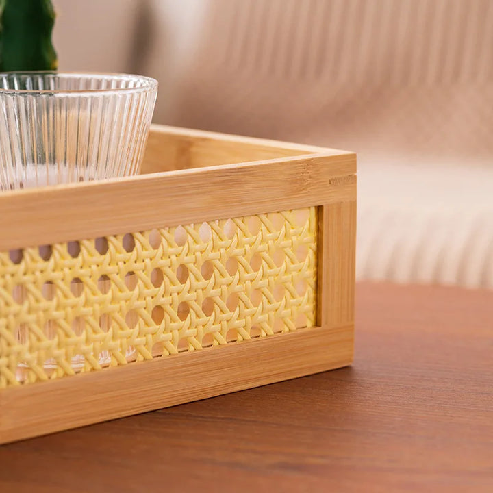 Bamboo Grid Storage Box with Acrylic Lid – Rectangular Organizer Tray for Cosmetics, Bedroom & Living Room