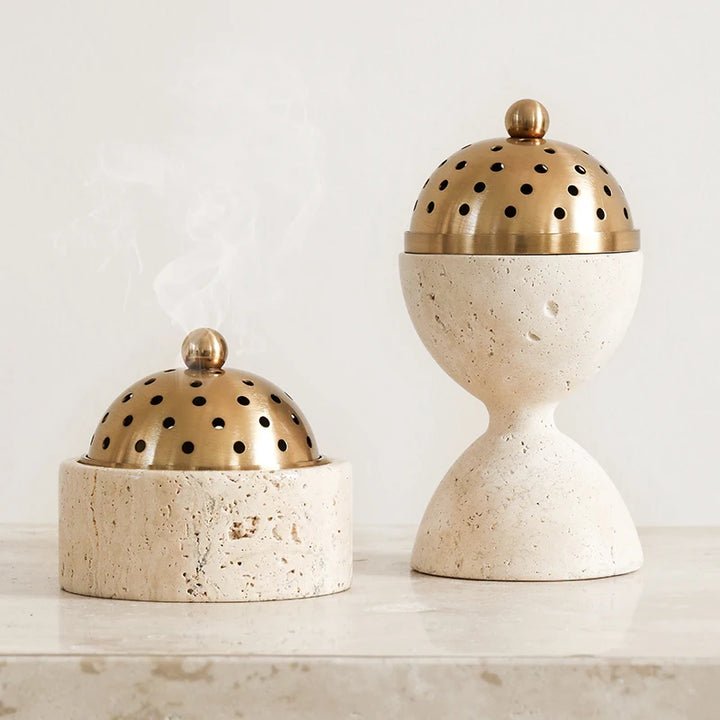 Travertine Oud & Bakhoor Burner with Brass Cover
