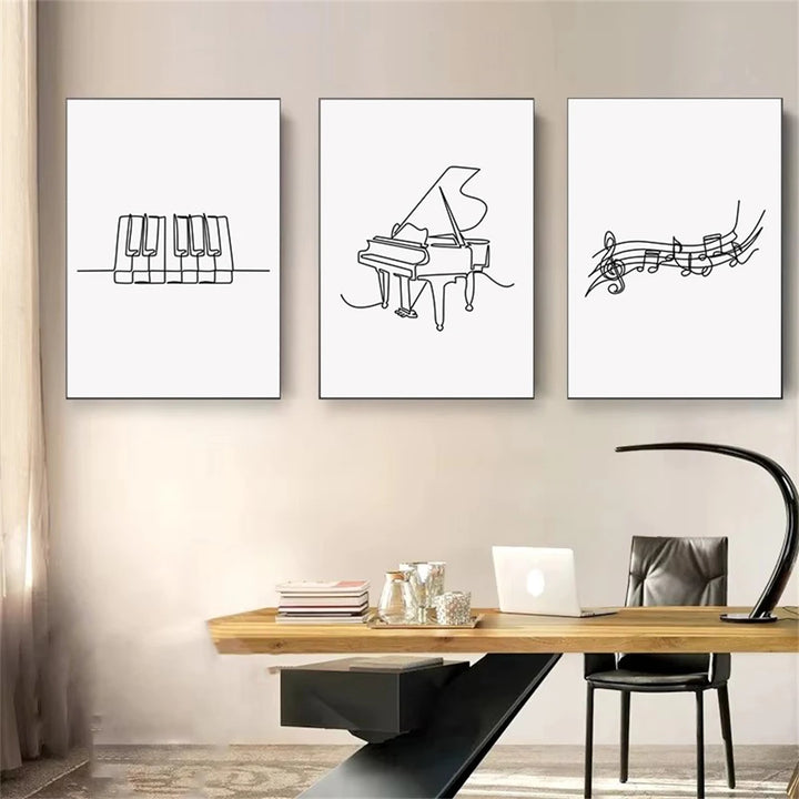Lienzo abstracto con teclado de piano en blanco y negro: pósteres de pared con partituras nórdicas para decorar el dormitorio y la sala de estar.