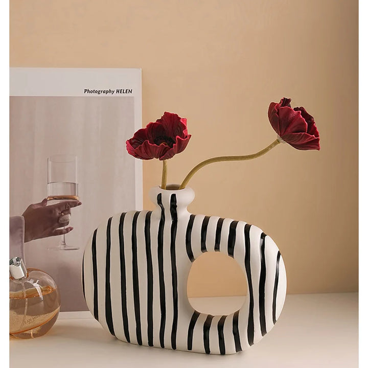 Zebra Striped Ceramic Vase – Modern Tabletop Decor