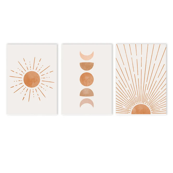 Lienzo bohemio de mediados de siglo con sol y luna: impresiones nórdicas abstractas para decoración moderna de sala de estar o dormitorio (juego de 3)