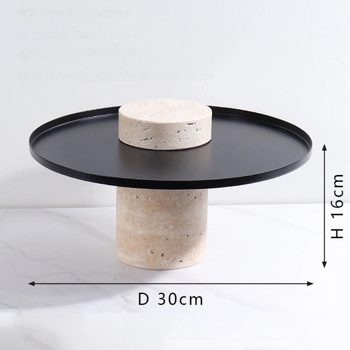 Beige Travertine Serving Tray with Metal Base