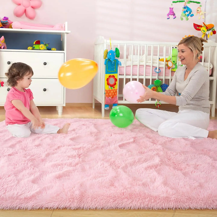 Pink Fluffy Plush Carpet – Large Kids Bedroom Area Rug