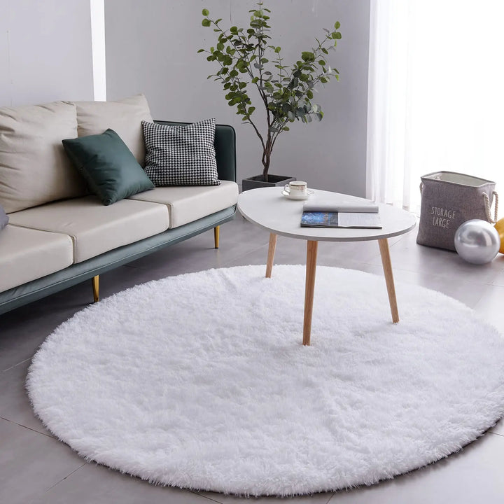 Round Plush Carpet – Gray Fluffy Area Rug for Living Room