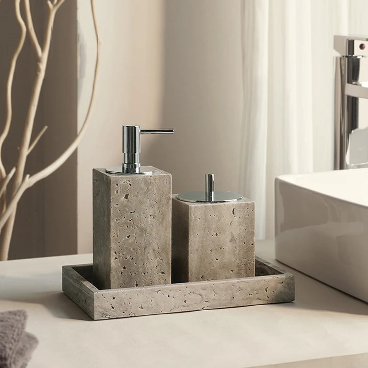 Grigio Travertine Bathroom Set – Antique Natural Stone Accessories with Soap Dispenser, Tray, Diffuser & More