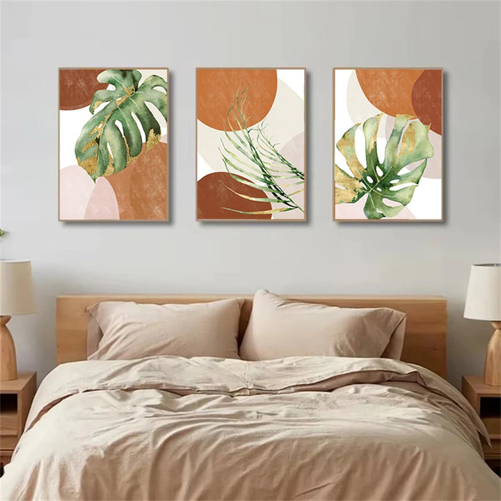 Abstract Boho Tropical Leaf Canvas Print – Brown & Green Palm Wall Art for Living Room | Unframed Modern Poster Set