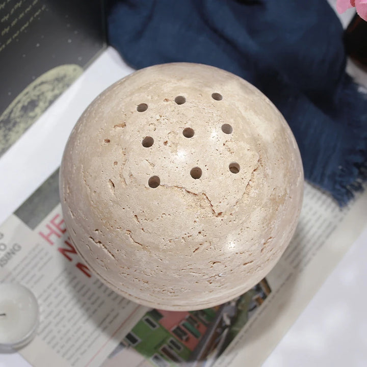 Beige Travertine Sphere Incense Burner – Natural Marble Mubkhar for Aromatherapy, Meditation & Home Decor | 10.5cm Handcrafted Stone Ornament