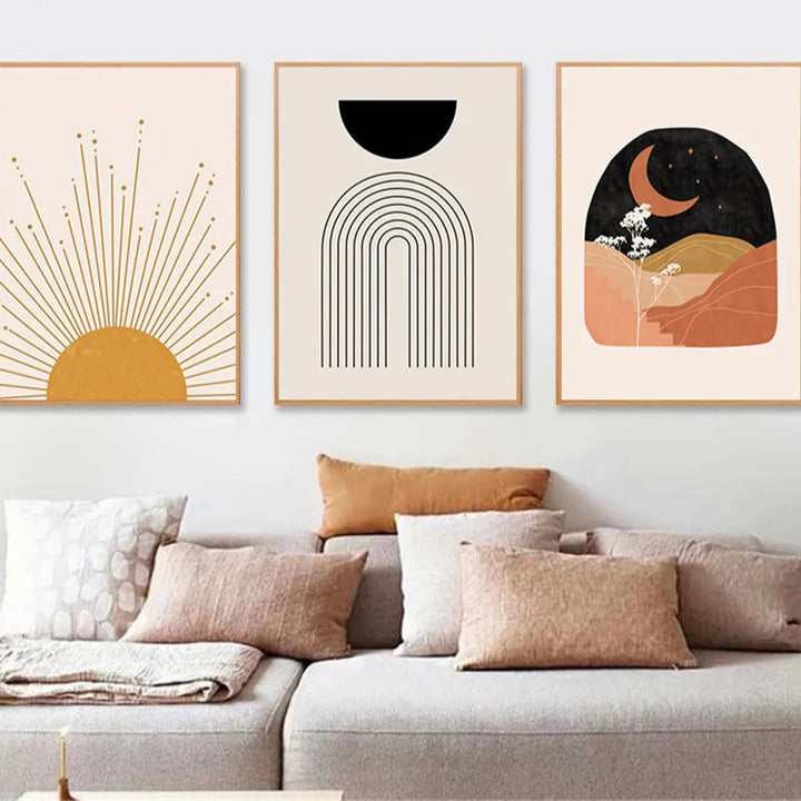 Terracotta & Mustard Sun Canvas Print – Abstract Boho Geometry and Leaf Art Mid-Century Wall Decor