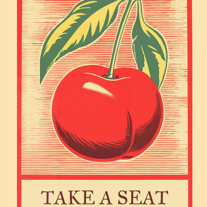 Funny Retro Bathroom Wall Art – “Take A Seat Sweet Cheeks” Canvas Print | Quirky Toilet Decor with Strawberry & Peach Design  2. Descrição Otimizada
