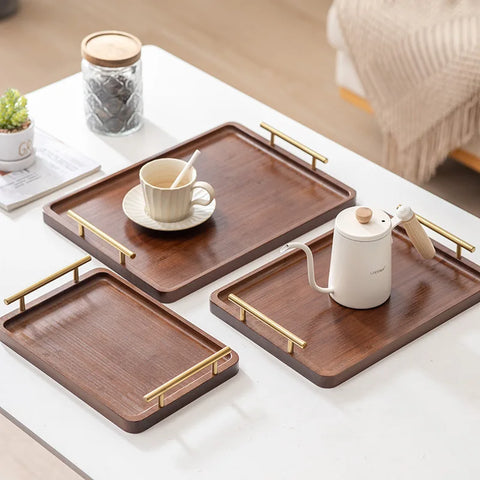 Bamboo Serving Tray with Metal Handles – Wooden Organizer