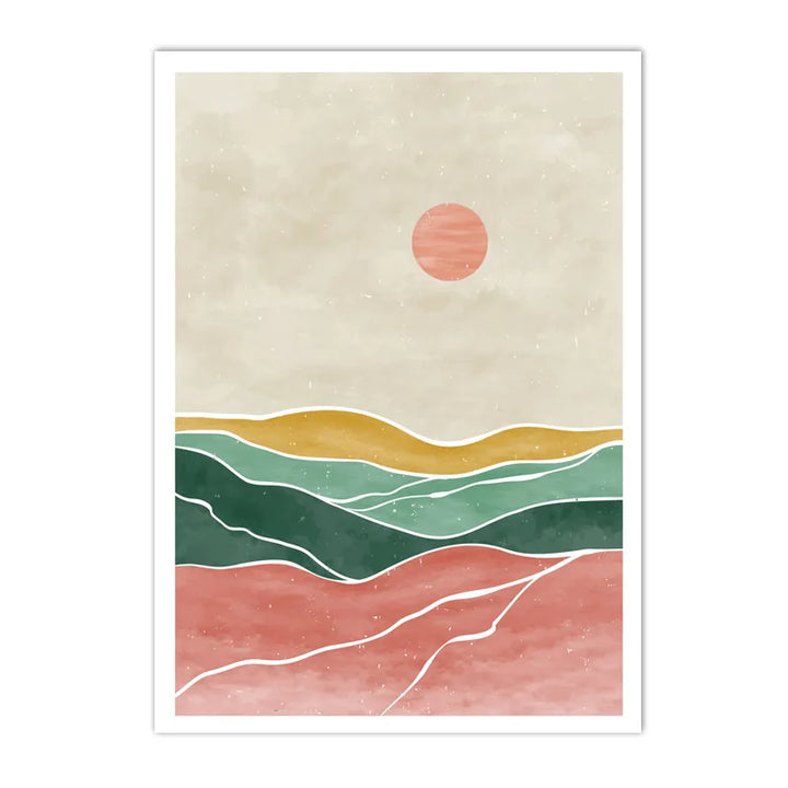 Boho Sunrise Landscape Canvas Print – Abstract Green & Orange Mountain Sun Wall Art for Living Room | Unframed Modern Poster Decor