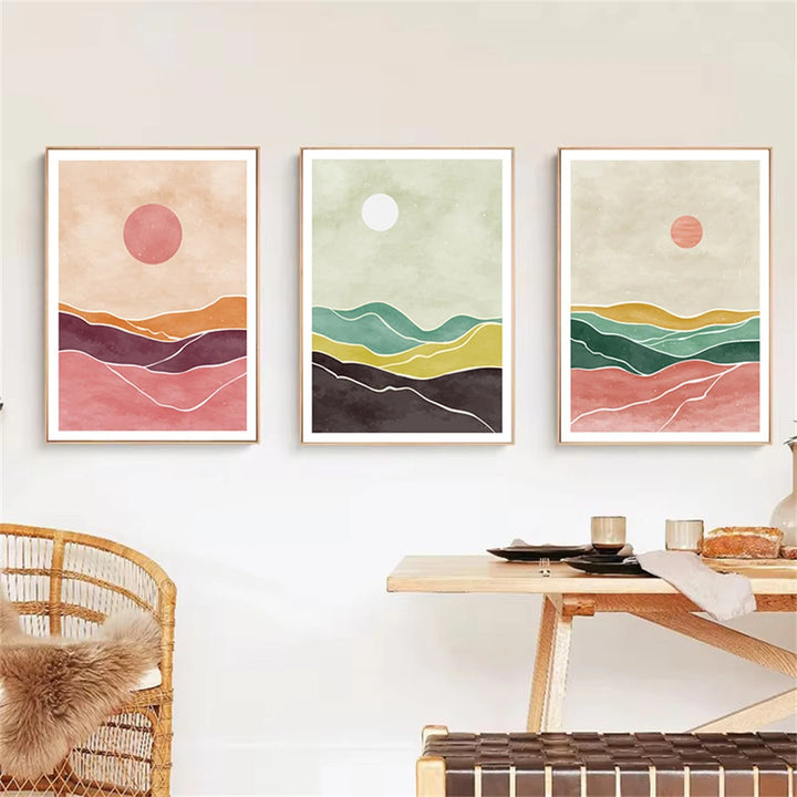 Boho Sunrise Landscape Canvas Print – Abstract Green & Orange Mountain Sun Wall Art for Living Room | Unframed Modern Poster Decor
