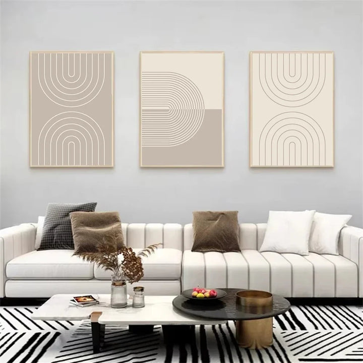 Modern Minimalist Beige Line Canvas Print – Abstract Boho Wall Art for Bedroom & Living Room | Unframed Three-Piece Poster Set