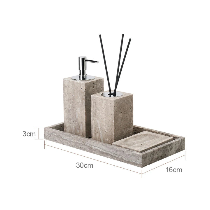 Travertine Bathroom Set – Natural Marble Soap Dispenser & Tray