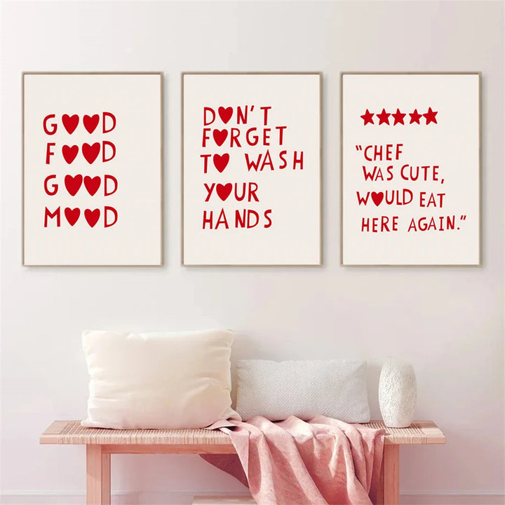 Red Heart Kitchen Quote Poster – Minimalist Nordic Canvas Print for Cooking Area, Dining Room & Restaurant Wall Art Decor