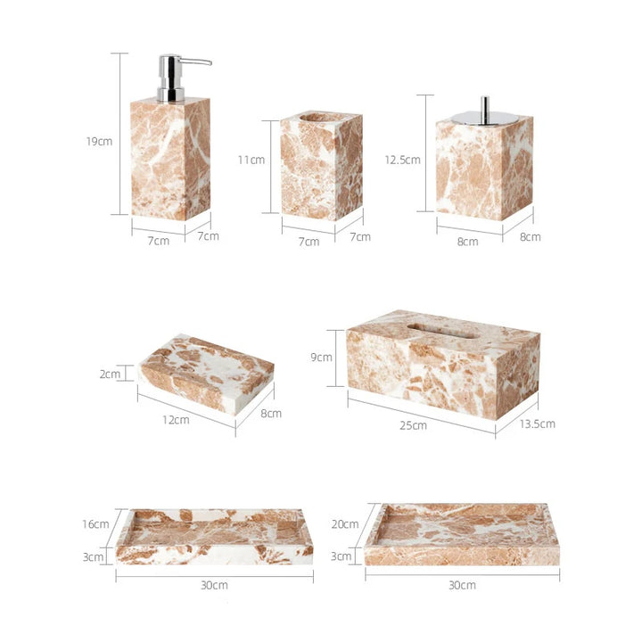 Coral Pink Marble Bathroom Set – 7-Piece Natural Stone Accessories | Soap Dispenser, Toothbrush Holder, Tissue Box, Tray & More