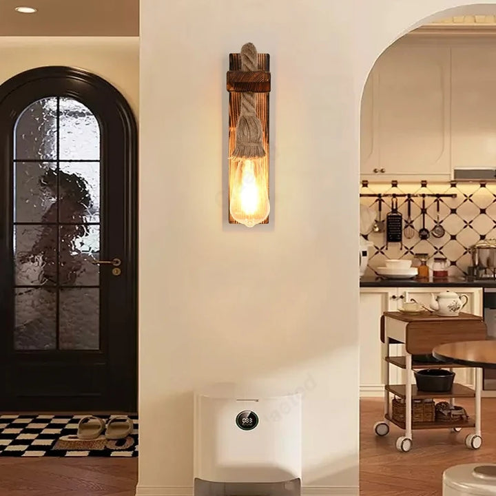 Retro LED Wall Lamp – Solid Wood & Hemp Rope Lighting