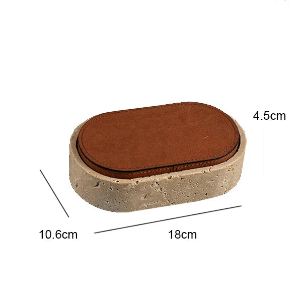 Vintage Travertine Jewelry Box – Luxury Oval Stone Container with Leather Cover for Earrings, Necklaces, and Accessories Storage