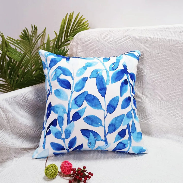 Splash-Proof Outdoor Pillow Cover – Blue Leaf Print