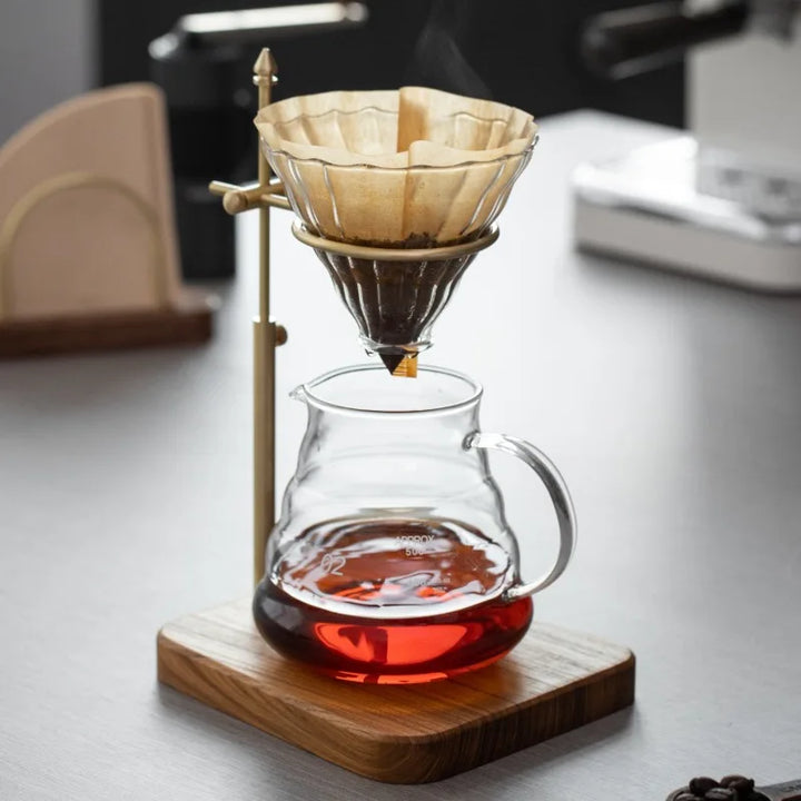 Adjustable Solid Wood & Brass Pour Over Coffee Stand – Hand Brewed Coffee Filter Holder for Home Baristas