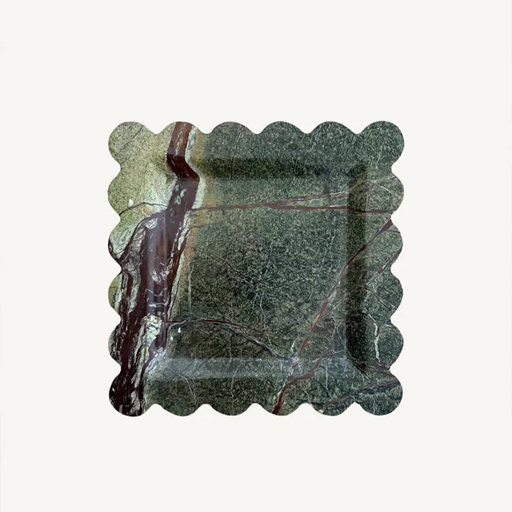 Natural Travertine Marble Tray – Scalloped Luxury Jewelry & Display Plate | Square Stone Organizer for Home & Vanity Decor