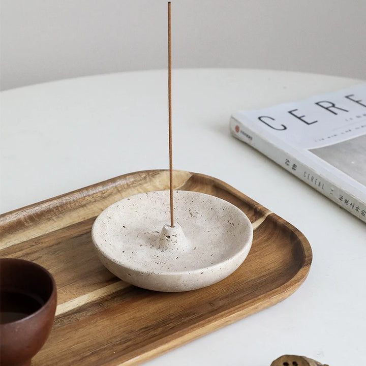 Vintage Travertine Incense Holder – Natural Stone Round Disc Burner & Ash Catcher | Antique-Style Marble Aromatherapy Plate