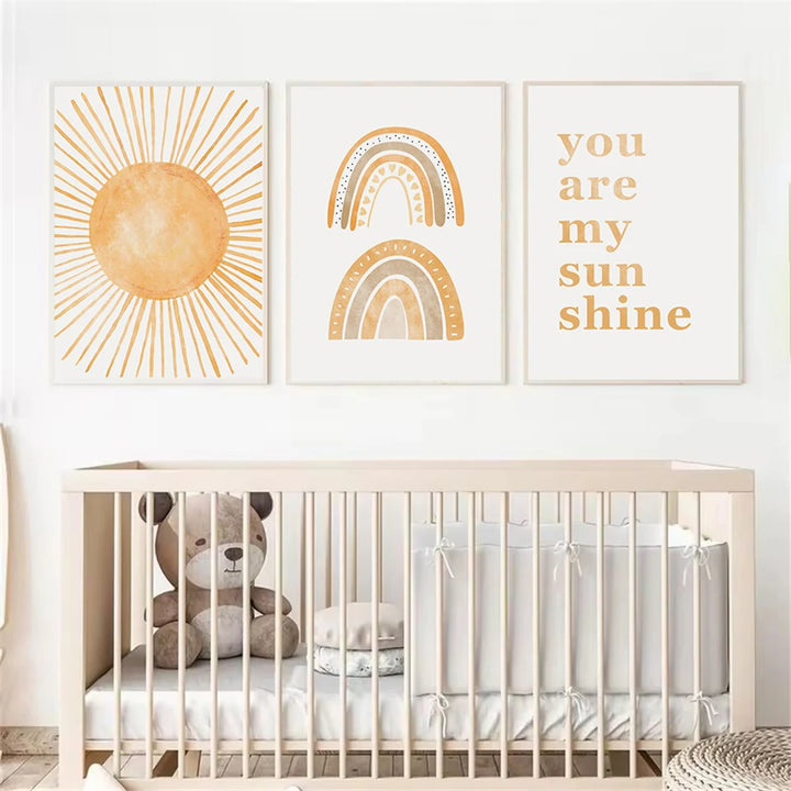 Boho Rainbow & Sun Canvas Wall Art – “You Are My Sunshine” Abstract Nursery Prints for Baby & Kids Room Decor
